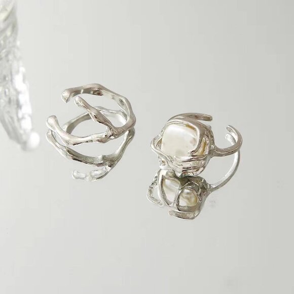 2pc Cresent Moon and Beautiful Faux Opal Accent, Adjustable Ring Set - Picture 3 of 5